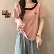 พลัสไซส์ ผู้หญิง หวาน เสื้อยืดคอยูแขนสั้น หลวม Fit ฤดูร้อน เสื้อท่อนบน Arc Hem Self-kept สไตล์สําหรั