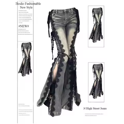 Women Academia Goblin Core Harajuku Y2K Low Rise Lace Jean Abi Denim Flare Pants Bell-Bottom Y2k Jap