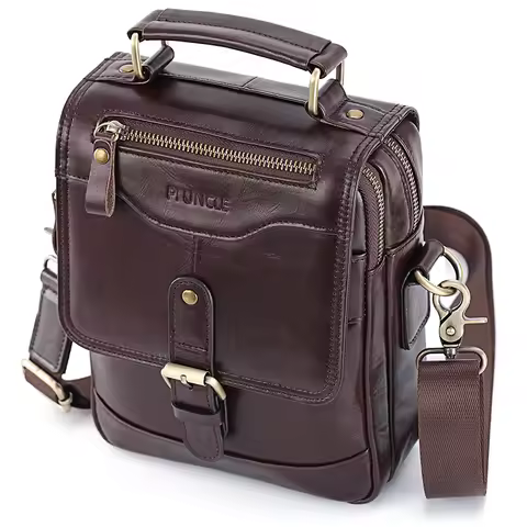 Genuine Leather Men Messager Crossbody Bags For 7.9in iPad Vintage Travel Handbag Zipper Metal Buckl