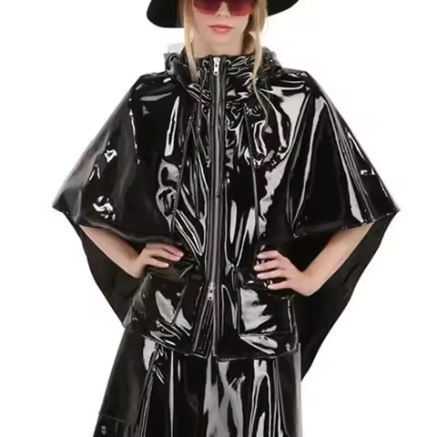 Fashion Ladies Glossy PVC Hooded Capes Cloak Zipper Pocket Sleeveless Wetlook Coat Club Streetwear G