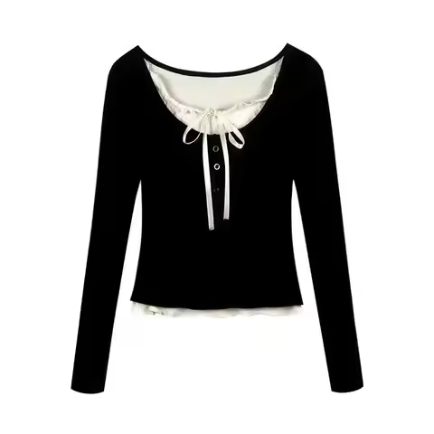 Korean Fashion Cropped Tshirt Women Long Sleeve Coquette Lace Streetwear Bow T-shirts Round Neck Top