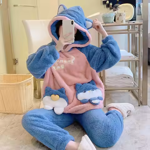 Warm Winter Woman Pajamas Nightwear Velvet Long Sleeve Sleepwear Flannel Pajamas Set Cartoon Rabbit 