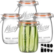Wide Mouth Mason Jars with Airtight Lid 32 oz 4 Pack - Large Mason Jars For Flour and Sugar With Sca