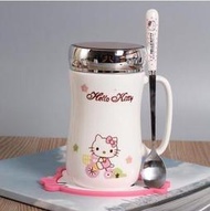 【上品居家生活】白色腳踏車 Hello Kitty 凱蒂貓 創意鏡面蓋 卡通風格陶瓷杯帶小湯匙/小勺子 (420ml)