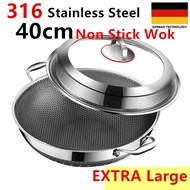 Extra Large Premium 316 Stainless Steel Non stick Honey Comb Wok Double Frying Grill 40CM 不锈钢双面蜂窝不粘锅双耳炒锅