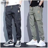 Japanese Fashion Cargo Pants Men Slim Fit Plain Cropped Pants Athletic Casual Jogger Pants