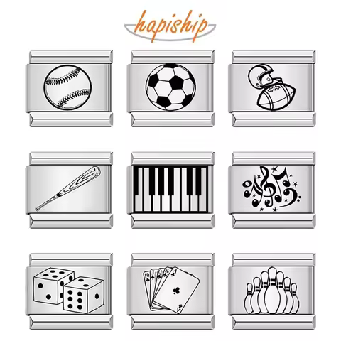 Hapiship 2024 Fashion Stainless Steel Football Bowling Baseball Charm Italian Links Fit 9mm Bracelet