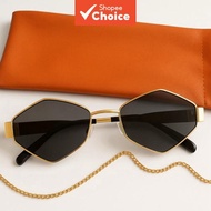 Women Hexagonal Gold Frame Sunglasses Uv Protection Eyewear With Chain Pouch Summer Fashion Shades