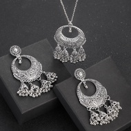Ethnic Silver Color Bells Tassel Jewelry Set Women's Vintage Flower Carved Geometric Pendientes Earr