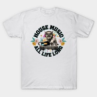 Vintage HOUSE MUSIC T-Shirt-All 9 Lives Long (Black) Authentic Cotton 1 S-5XL Short Sleeve