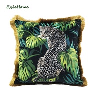 ESSIE HOME Tropical Animal Pattern Jaguar Leopard Digital Print Velvet Cushion Cover Pillow Case With Gold Tassel