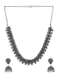 Antique Silver Oxidized Ethnic Indian Traditional Party Wear Statement Necklace Set with Jhumka Earr