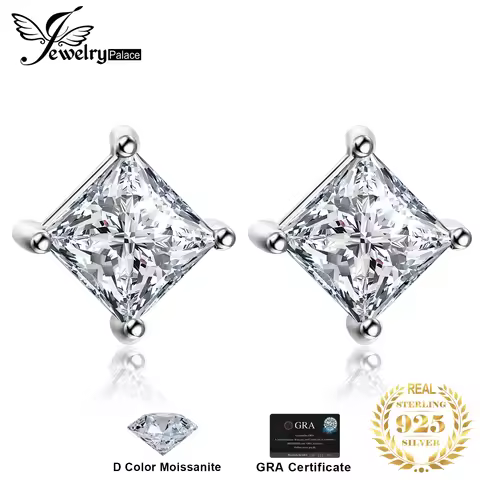 JewelryPalace Moissanite D Color Total 0.8ct Princess Cut S925 Sterling Silver Stud Earrings for Wom