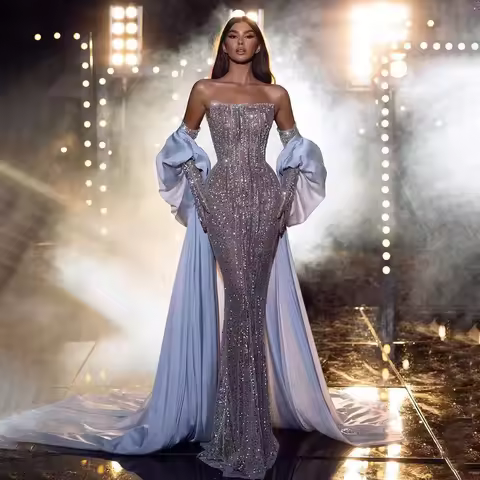 Serene Hill Saudi Arabic Blue Mermaid Balloon Sleeves Crystal Beaded Evening Dresses For Formal Occa