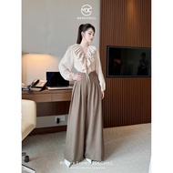 MEDECHILL Luxurious Lady Set Long Sleeve Ruffle Collar Shirt with Elegant Pleated Wide Leg Pants S87