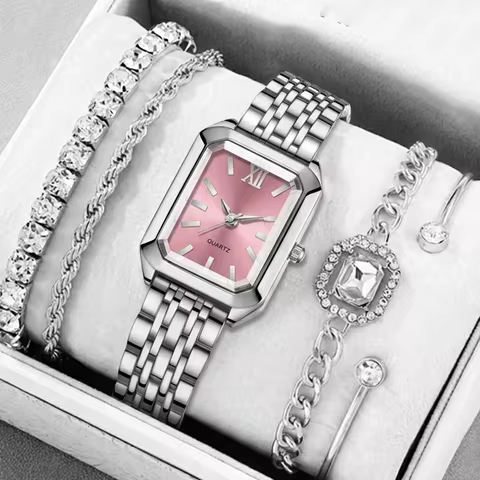 5Pcs/Set Unisex Jewelry Watches Women's Wristwatch Accessories Silver Pink Dial Fashion Trendy Busin