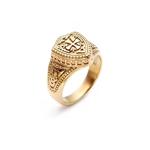 Gothic Size 7-13# 316L Stainless Steel Gold-Plated Color Warrior Cross Shield Knight Templar Ring Je