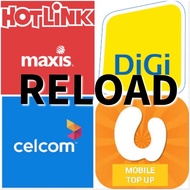 Instant Reload Top up HOTLINK DIGI CELCOM U MOBILE TUNE TALK ONE XOX YES RM 5,10,15,30,35