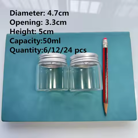 6/12/24 pcs/lot Decorative Glass Jars 50ml Glass Bottle Silver Screw Cap Tiny Jars Small Vial Decora