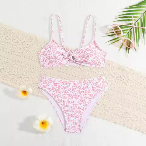 Girls Swimsuit Kids 2 Piece Bikini Split Swimsuit 8-14 Year Teen Girl Floral Prints Swimwear Bathing