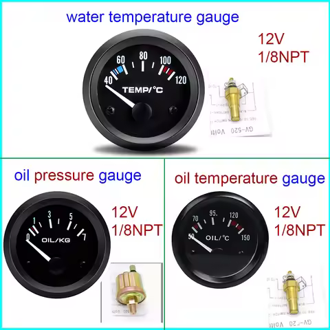 12V 52mm Water Temperature Oil Temperature Gauge Oil Press kg Gauge with 1/8NPT Sensors 2' 52mm Car