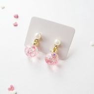 Rosy Garden 櫻花氣質粉紅色水晶玻璃球珍珠垂吊耳環 可換耳夾式