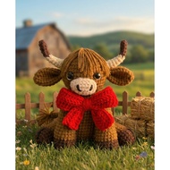 Handmade Wool Cow Wearing a Red Bow - High Quality Amigurumi Stuffed Animal as a Gift, Decor, Meanin