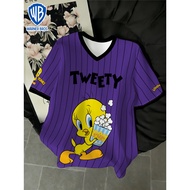 Warner Bros Looney Tunes Tweety Bird Popcorn Striped V-Neck Short-Sleeved T-Shirt Ladies Summer Casu