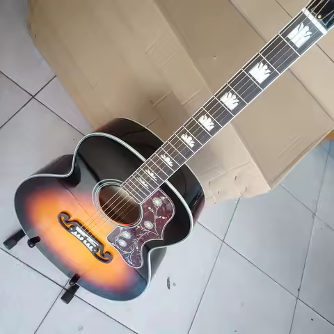 High quality in stock flame maple top J200 acoustic folk guitar, spruce maple panel 301EQ, cow bone 