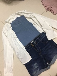 （三件）白色牛仔褸外套配藍色背心深藍色牛仔褲