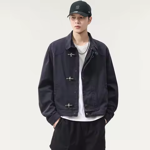 Aircraft Metal Buckle Lapel Short Jacket Men Korean Fashion Vintage Streetwear Loose Casual Cargo Ja