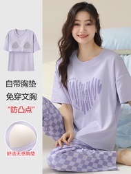 High-quality pajamas) 100% cotton pajamas set with chest pads pajamas womens summer pure cotton shor