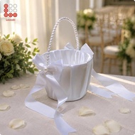 [Lovoski] Satin Wedding Ceremony Basket with Pearl Handle Flower Petal Holder for Wedding Aisle Rece