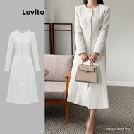 【In stock】Lovito Women Casual Plain Button Draped Textured Fabric Dress L102AD486 9TIG H6JR