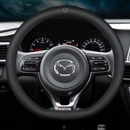 Mazda Leather Breathable Car Steering Wheel Cover (Black Lining) Logo Accessories 38cm for Mazda 2 3 5 6 8 CX5 CX7 CX3 CX9 RX MX