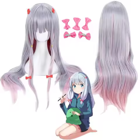 Anime Eromanga Sensei Cosplay Wigs Izumi Sagiri Kawaii Girls Lolita Long Gray Pink Wig With Five Bow