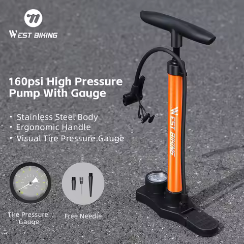 WEST BIKING 160PSI Bike Pump With Gauge Portable Stainless Steel Bike Pump Schrader Presta Valve Inf