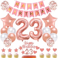 23th Girl Birthday decorations Rose gold Happy Birthday banner cake topper latex confetti star shape
