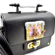 立體黑人小王子雪地寶石水晶裝飾 黑色PU仿皮小箱子斜肩帶手袋包