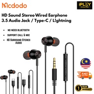 Mcdodo Earphone Super Bass Stereo Headphone Wired Headset With Mic And Control For 3.5mm Iphone Type