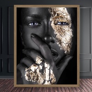 Luyameishop Wall Art Cetakan Kanvas Potret Wanita Afrika Amerika Hitam dan Emas - Hiasan Dinding Sen
