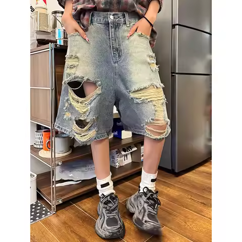 YIBASHU Summer Women Abi American Ripped Jeans Shorts Kpop 2000s Aesthetic Baddie Style Gyaru Denim
