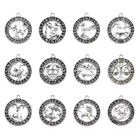 12pcs Mixed Tibetan Zodiac Charms Alloy Metal Twelve Constellation Zodiac Sign Pendants For DIY Neck