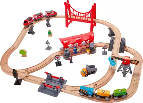 Wooden Busy City Train Rail Set| 51 PCs Pretend Play Railway Set for Kids Age 3Y+
