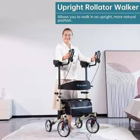 Upright Walker, Stand Up Folding Rollator Walker with Front Wheels Backrest Seat and Padded Armrests