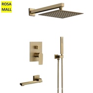+++Rosa Mall Bathroom Shower Set Brushed Gold Square Rainfall Shower Faucet Wall or Ceiling Wall Mou