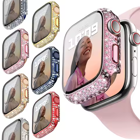 Diamond Full Protection Hard PC Cover Bumper for Iwatch 7 Accessories Tempered Glass Screen Protecto