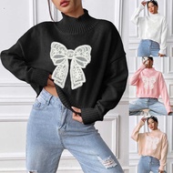 Ladies High Neck Sweater - Embroidered Bow Knot Detail