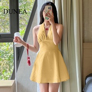 DUNEA DUNEA Women'S Sexy Backless Plaid Halter Mini Dress