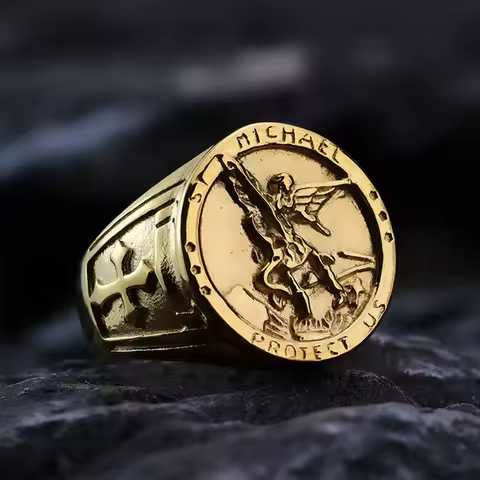 European and American hip-hop titanium steel gold-plated archangel St. Claire exorcism men's ring.